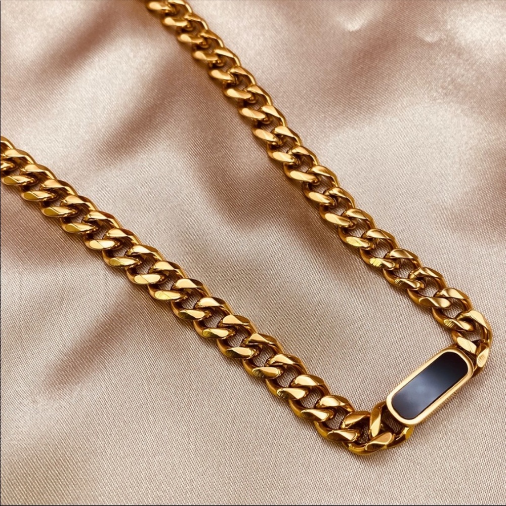 Titanium Black Onyx Cuban Link Chunky Necklace in Gold - Picture 1 of 14